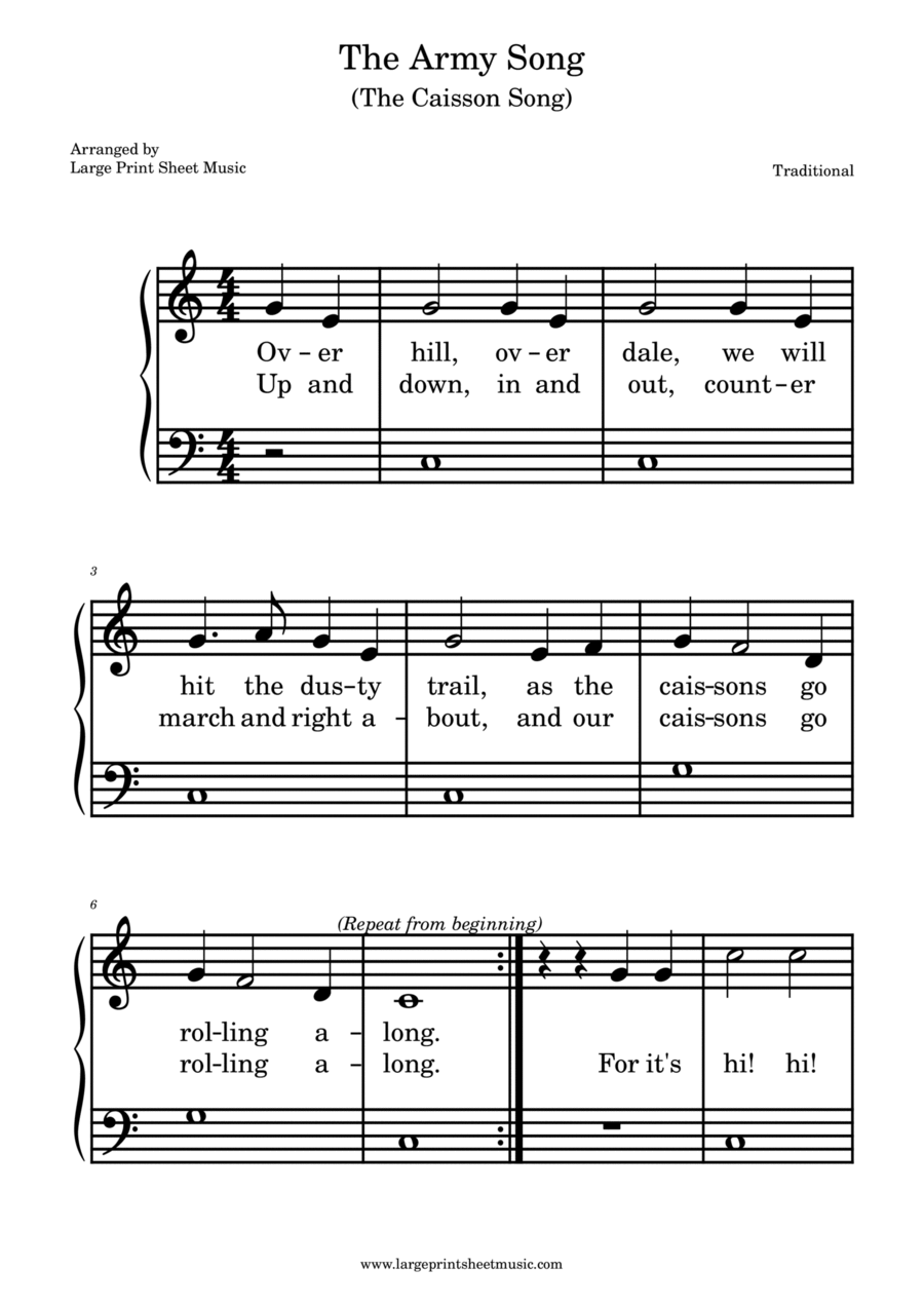 The Army Song • The Caissons Go Rolling Along • Easy Piano • Large Print • Veteran's Day Easy Piano scores gallery preview page 1