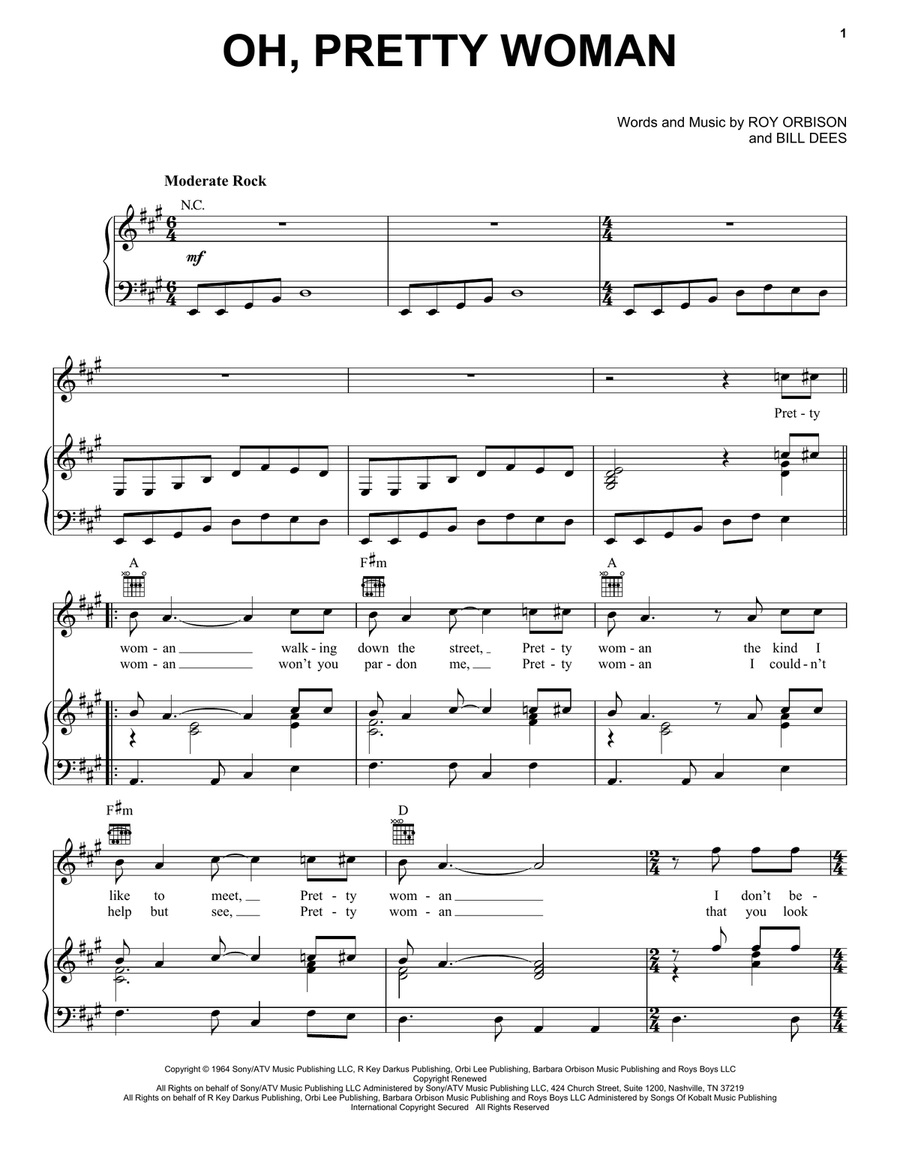 Oh, Pretty Woman Piano, Vocal, Guitar scores gallery preview page 1