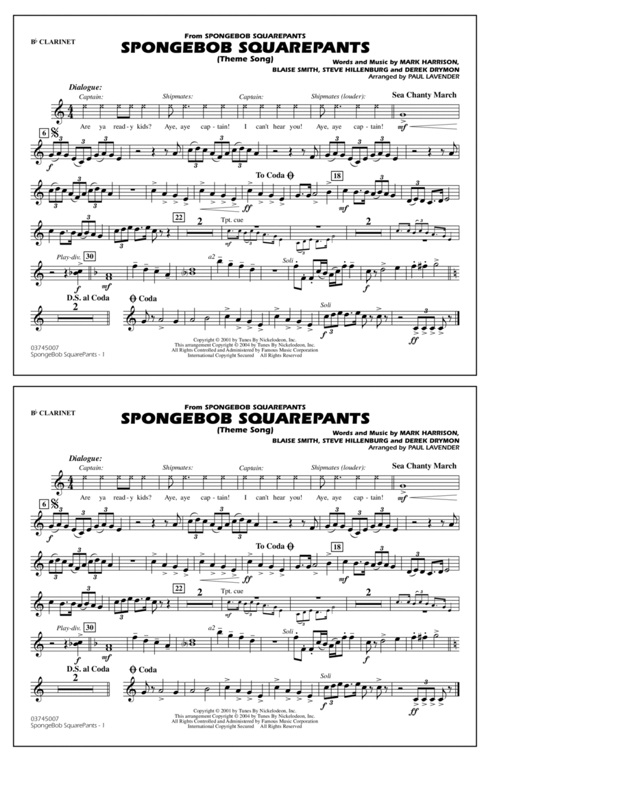 Spongebob Squarepants (Theme Song) (arr. Paul Lavender) - Bb Clarinet Marching Band scores gallery preview page 1