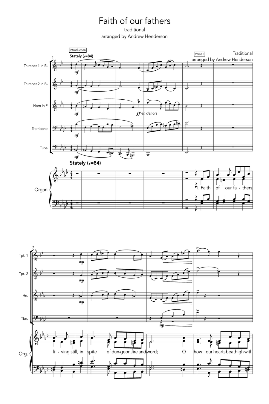 Faith of our fathers (Sawston) (brass quintet and organ, with last-verse harmony) Unison Choir scores gallery preview page 1