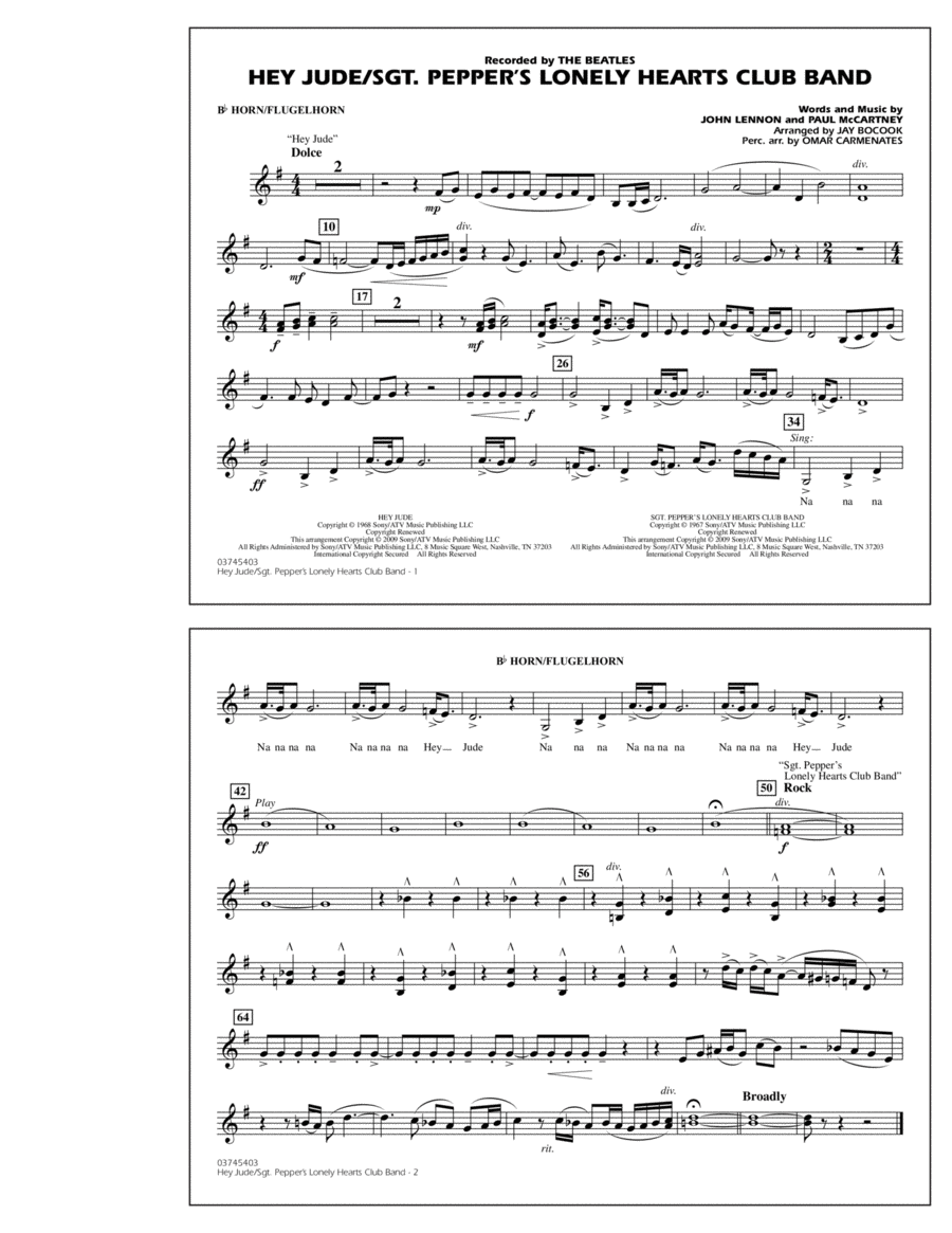 Hey Jude/Sgt. Pepper's Lonely Hearts Club Band - Bb Horn/Flugelhorn Marching Band scores gallery preview page 1