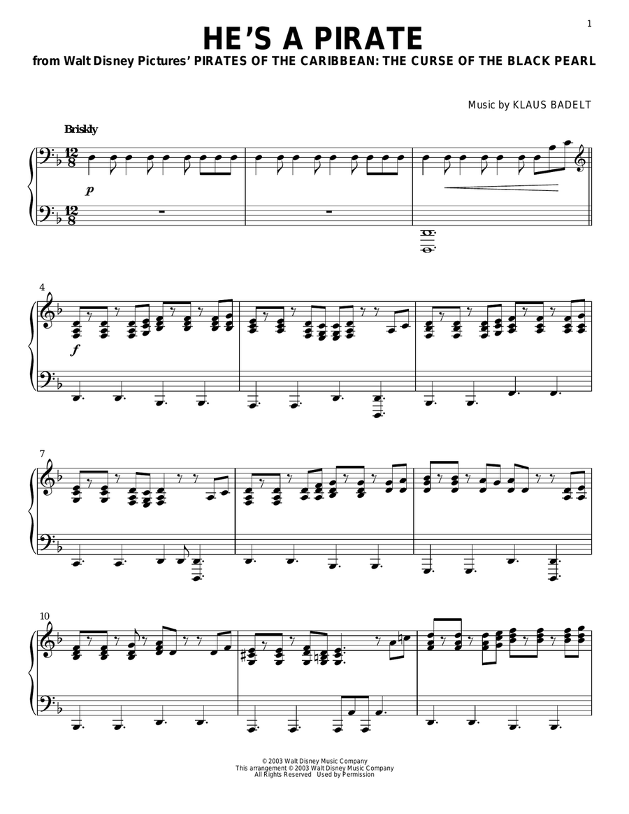 He's A Pirate (from Pirates Of The Caribbean: The Curse of the Black Pearl) Piano Solo scores gallery preview page 1