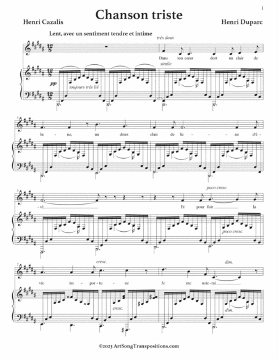DUPARC: Chanson triste (transposed to B major) Voice scores gallery preview page 2