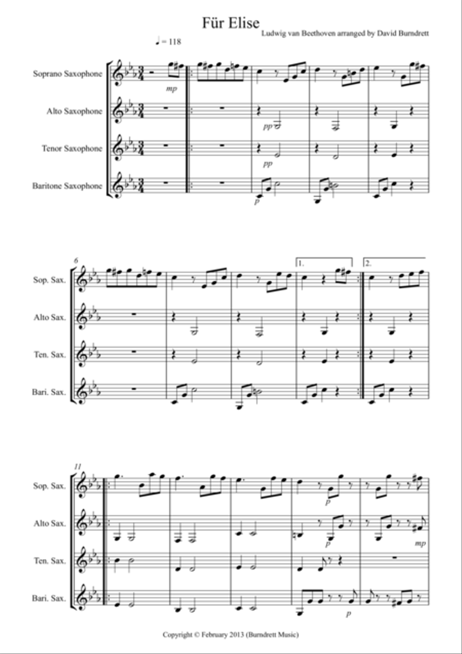 Fur Elise for Saxophone Quartet Saxophone Quartet scores gallery preview page 1