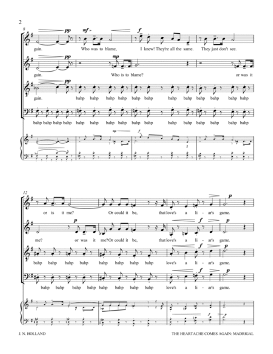 The Heartache Comes Again, Madrigal for a cappella SATB 4-Part scores gallery preview page 4