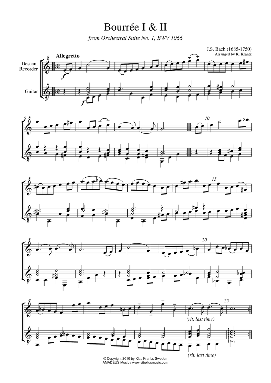 Bourree 1 & 2 from Suite No 1, BWV 1066 for descant recorder and guitar Soprano Recorder scores gallery preview page 1