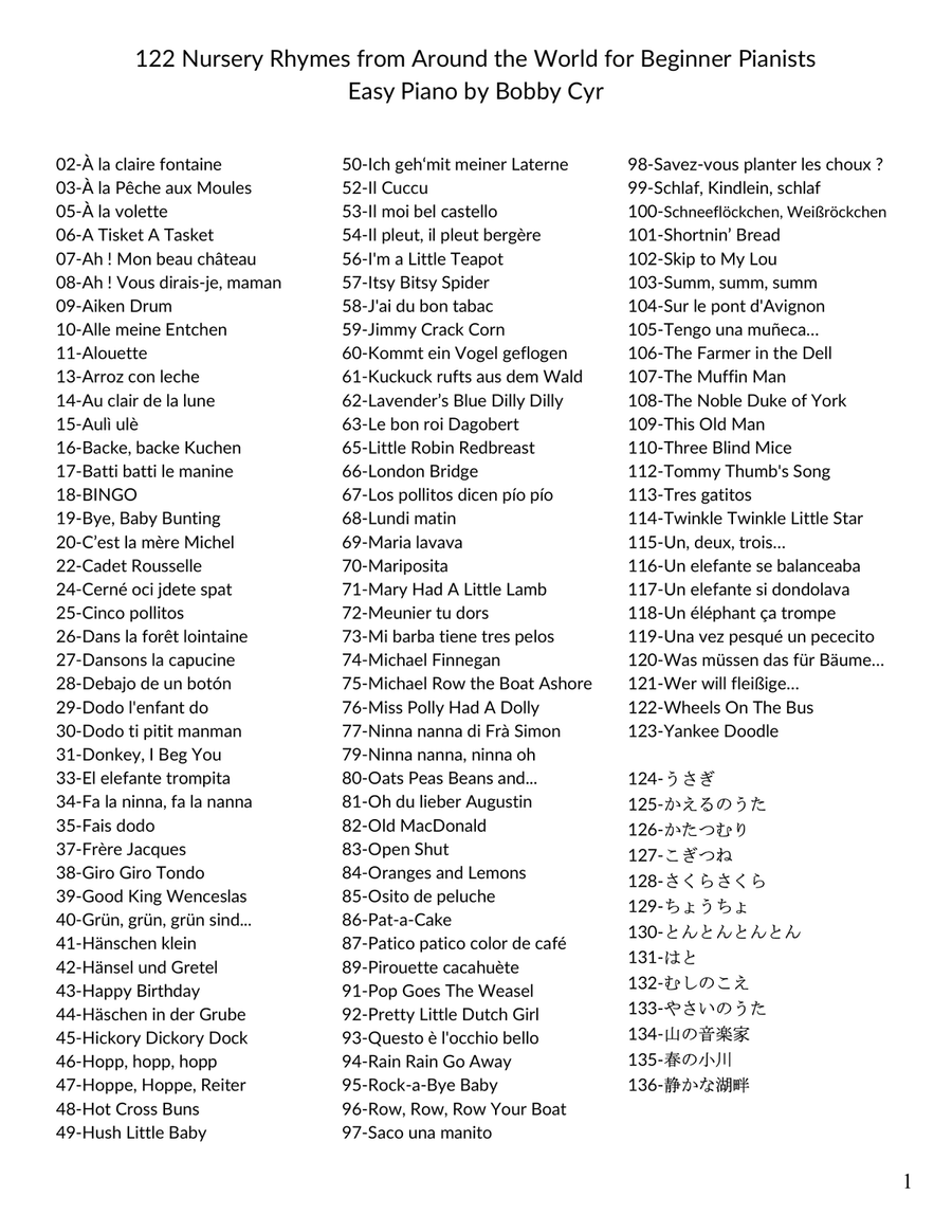 122 Nursery Rhymes from Around the World for Beginner Pianists (Easy Piano Solo) Easy Piano scores gallery preview page 1