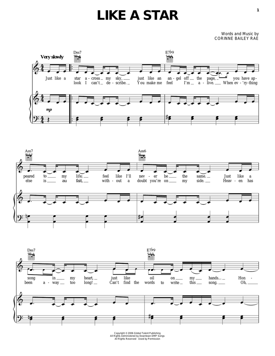 Like A Star Piano, Vocal, Guitar scores gallery preview page 1