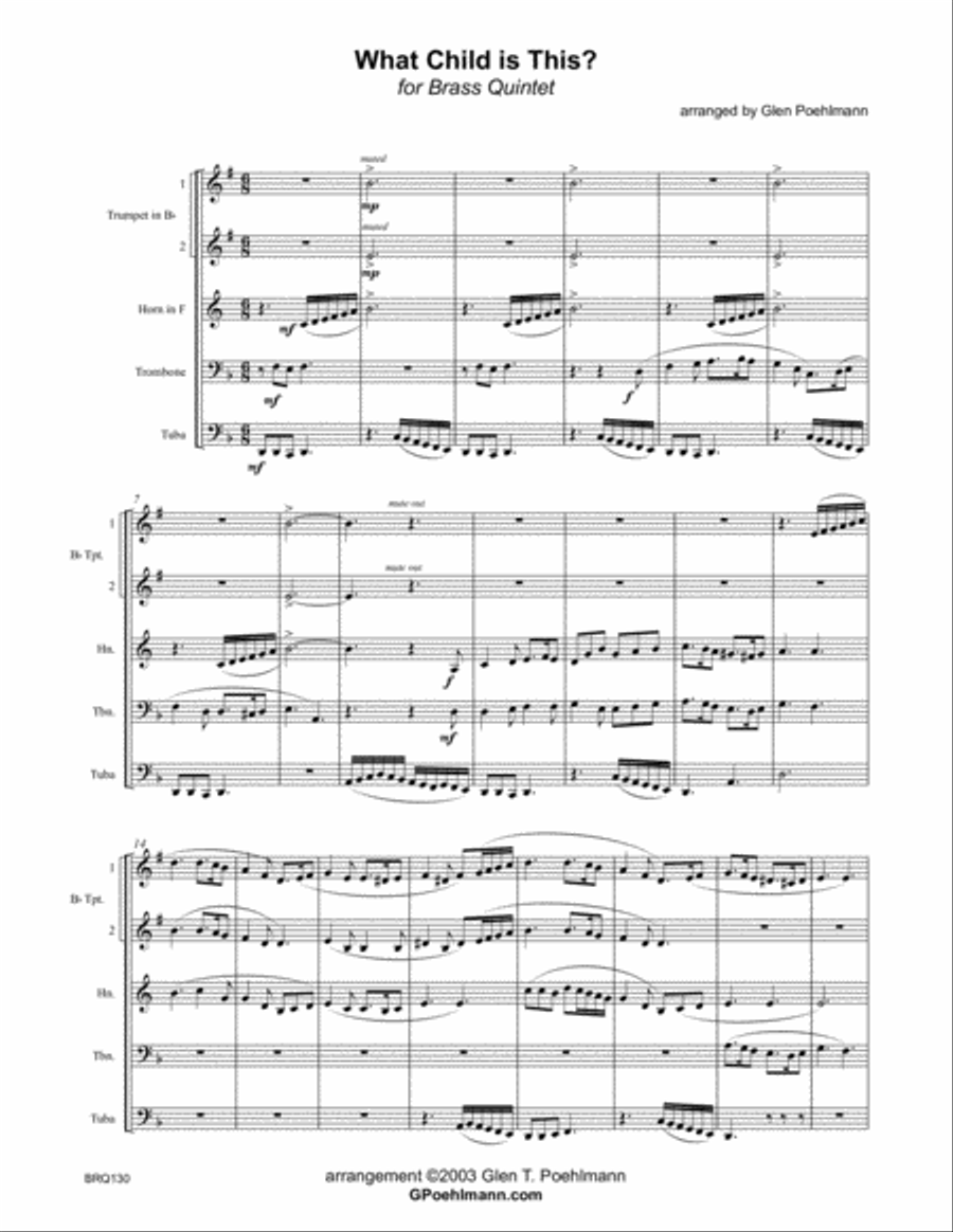 WHAT CHILD IS THIS (Greensleeves) arranged for BRASS QUINTET with optional Percussion Brass Ensemble scores gallery preview page 1