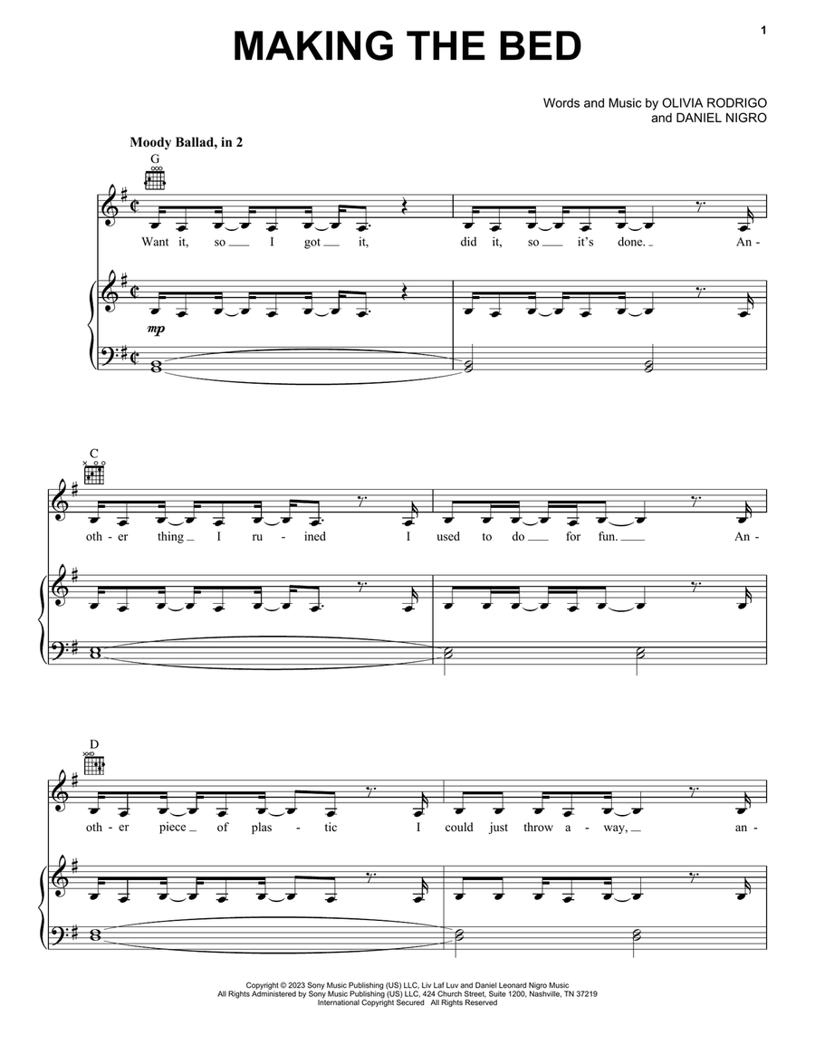 making the bed Piano, Vocal, Guitar scores gallery preview page 1