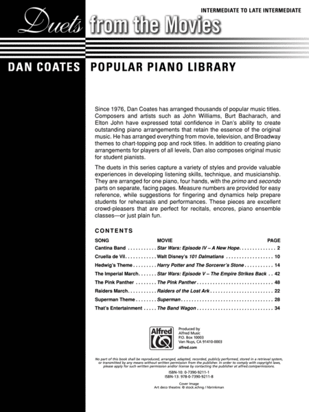Dan Coates Popular Piano Library -- Duets from the Movies