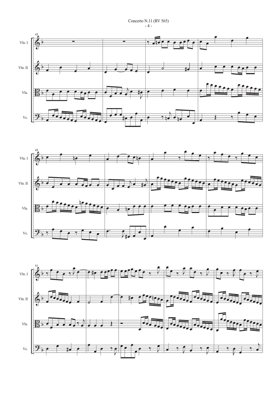 Vivaldi Concerto RV 565 in d min arr. String Quartet Score and parts String Quartet scores gallery preview page 4