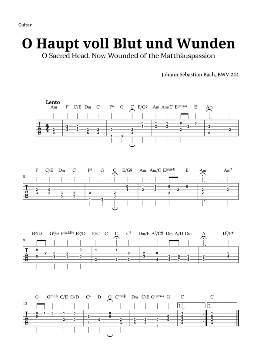 Sacred Head, Now Wounded by Bach for Guitar TAB with Chords image number null