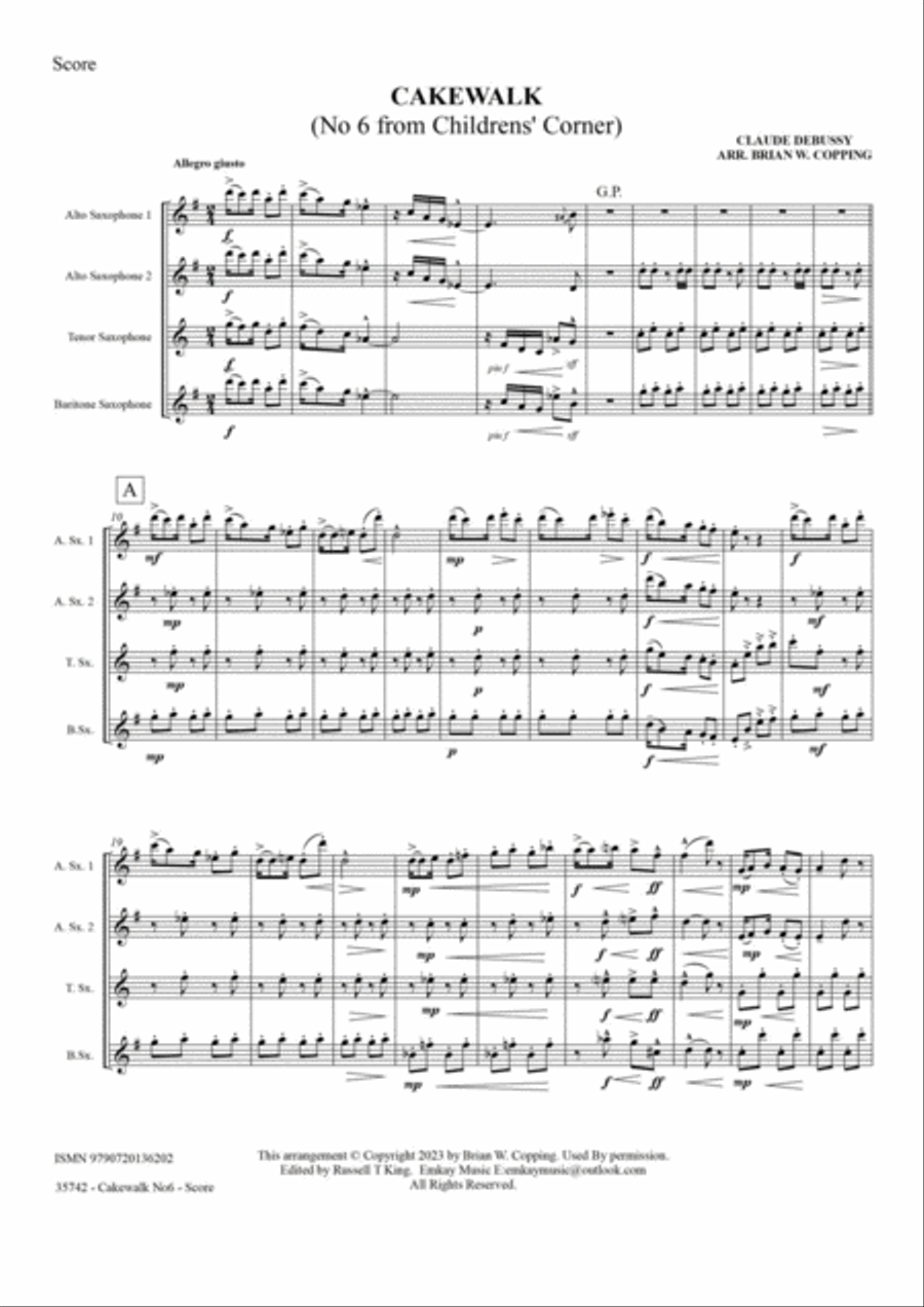 CAKEWALK NO 6 FROM CHILDREN'S CORNER - SAXOPHONE QUARTET Saxophone Quartet scores gallery preview page 2