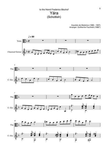 Anacleto de Medeiros - Yára. Arrangement for Viola and Classical Guitar. Score and Separated Parts image number null