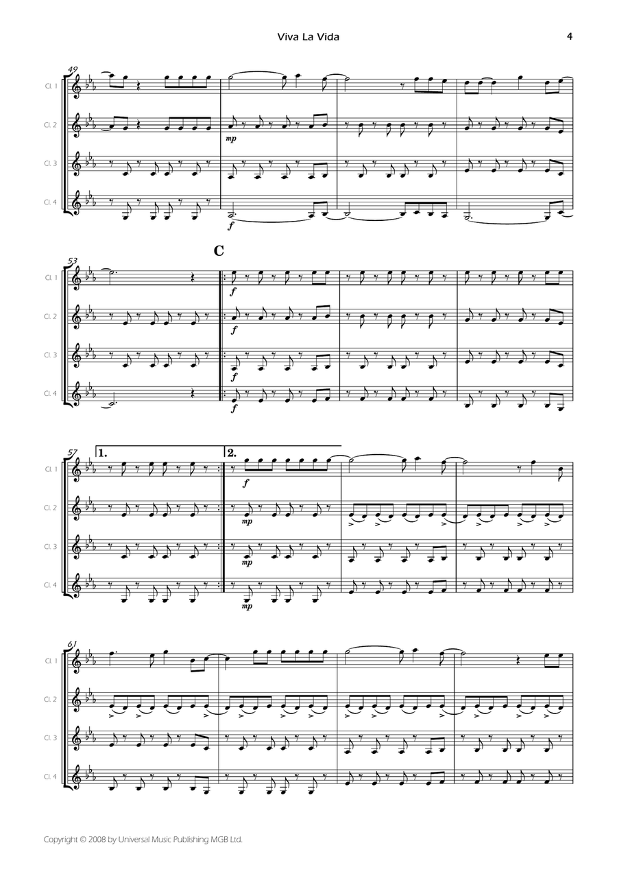 Viva La Vida Clarinet Quartet scores gallery preview page 6