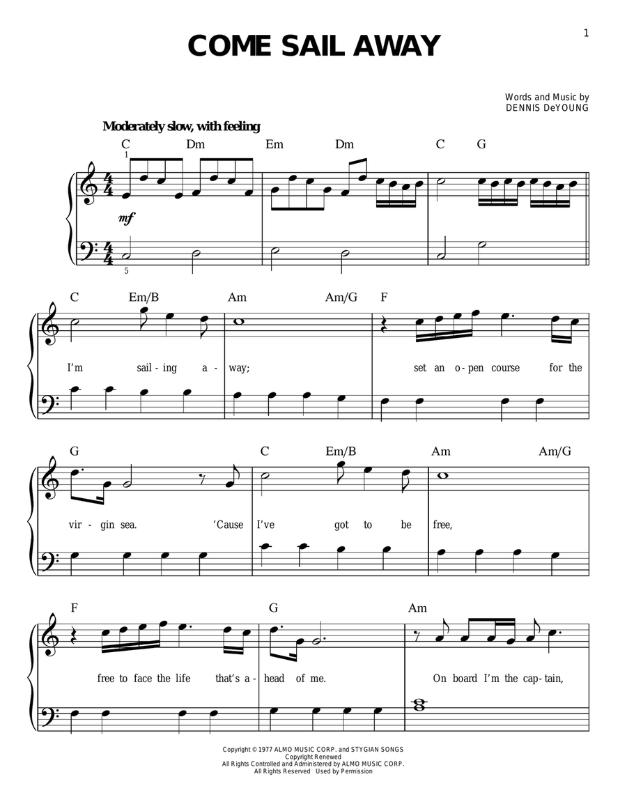 Come Sail Away Easy Piano scores gallery preview page 1