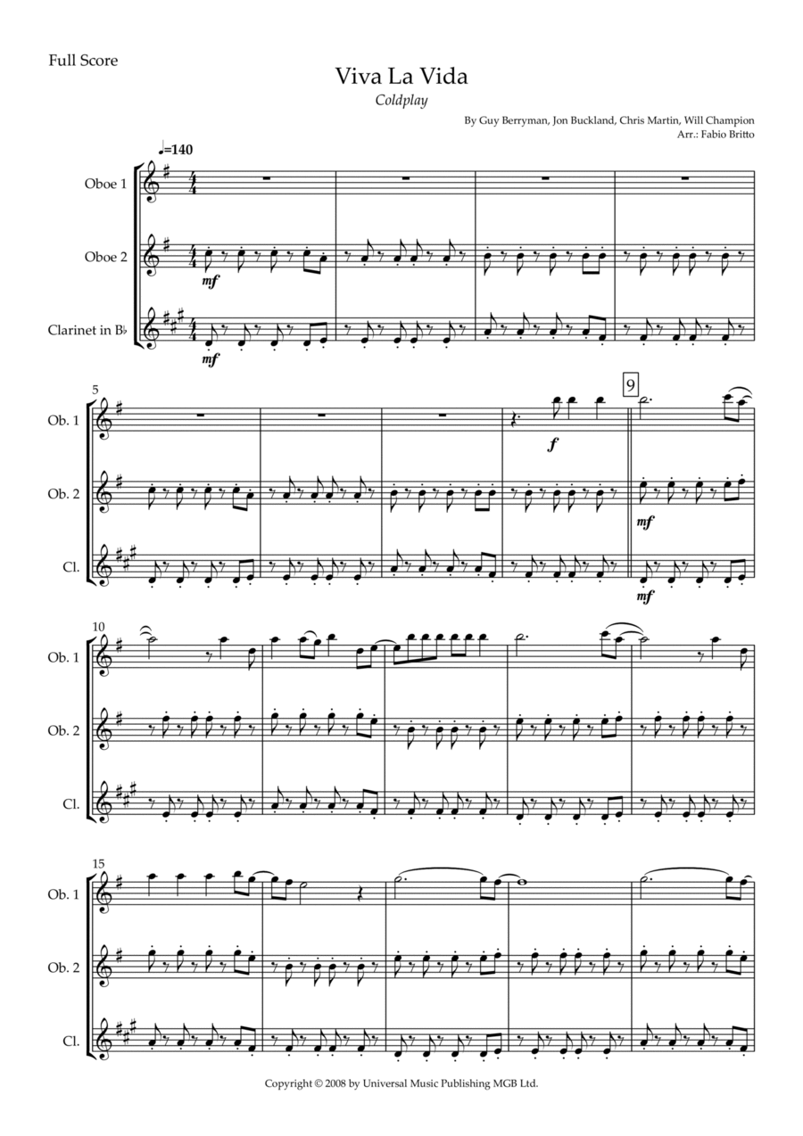 Viva La Vida Viva La Vida Woodwind Trio scores gallery preview page 1