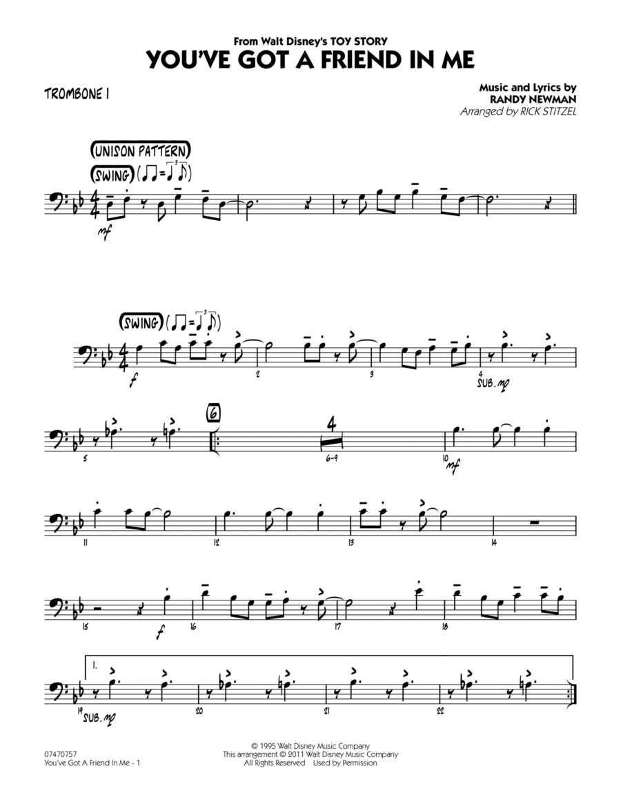 You've Got A Friend In Me (Wheezy's Version) (from Toy Story 2) (arr. Rick Stitzel) - Trombone 1 Jazz Ensemble scores gallery preview page 1
