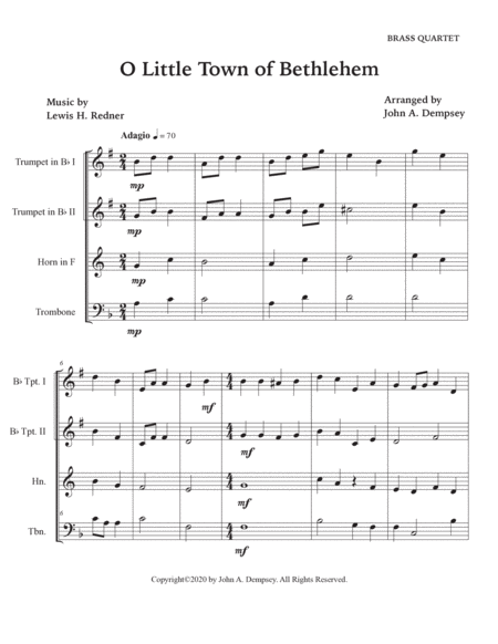 O Little Town of Bethlehem (Brass Quartet): Two Trumpets, Horn in F and Trombone image number null