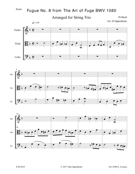 Bach: The Art of Fugue, (BWV 1080) Fugue No. 8 arr. for String Trio image number null