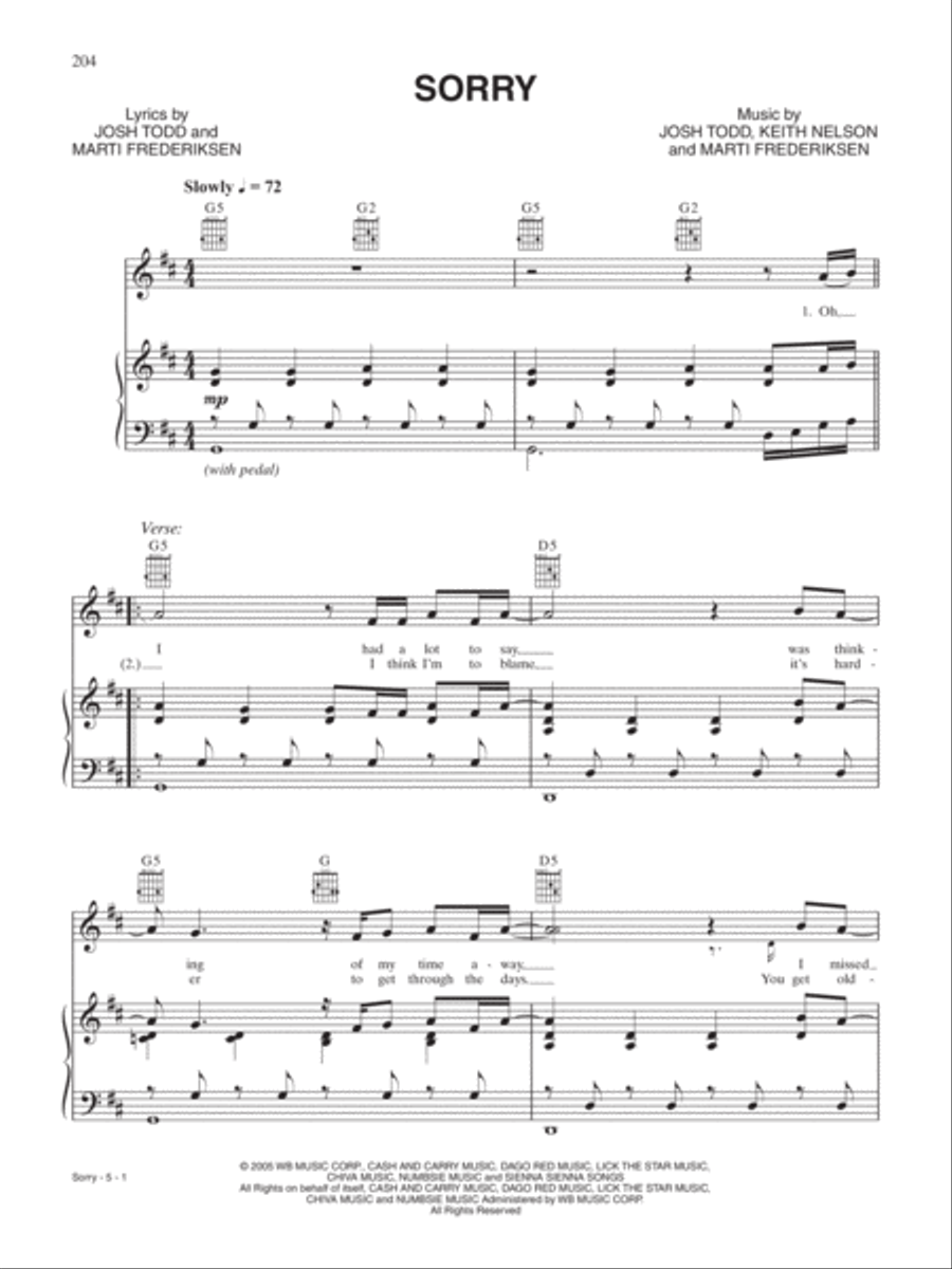 Sorry Piano, Vocal, Guitar scores gallery preview page 1