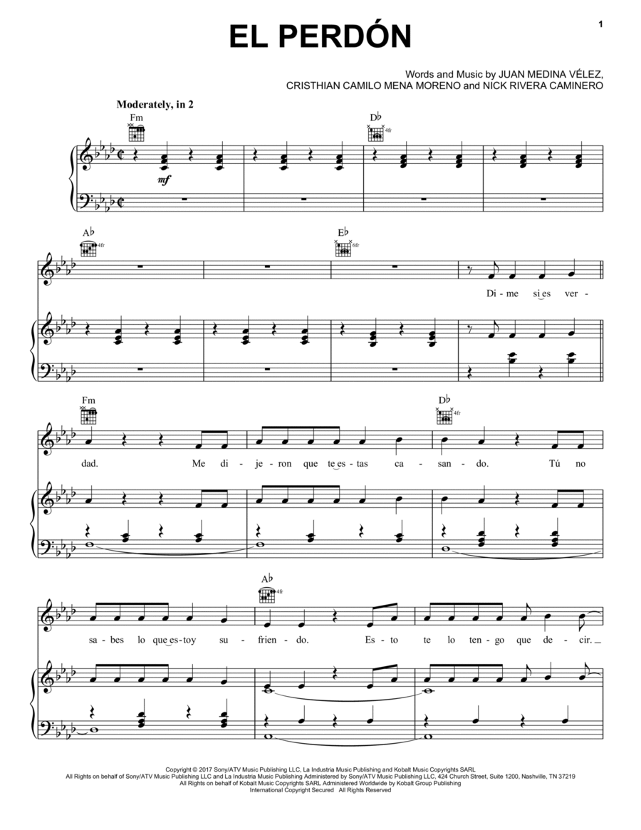 El Perdon (Feat. Inrique Ignlesias) Piano, Vocal, Guitar scores gallery preview page 1