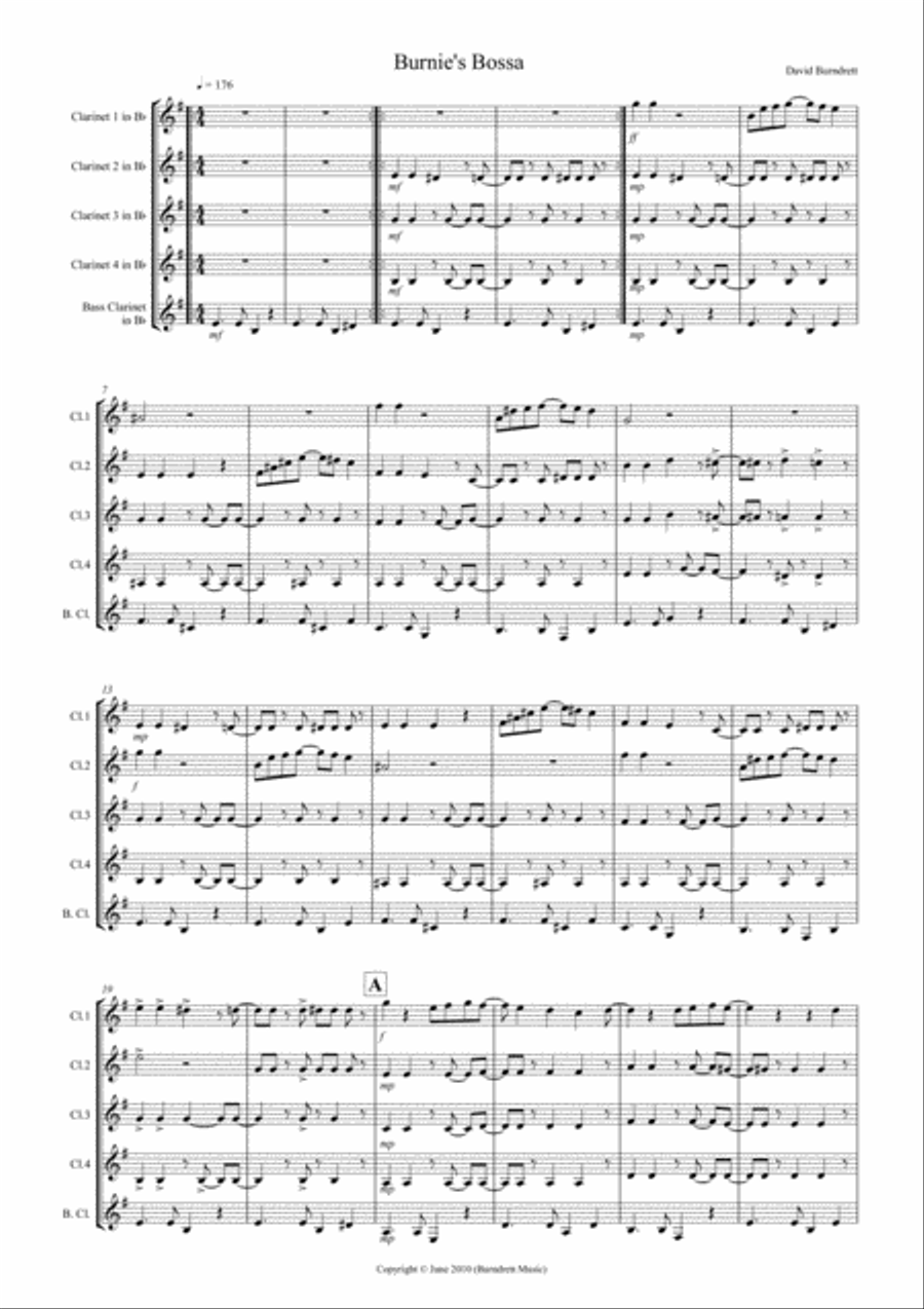 Burnie's Bossa for Clarinet Quintet Clarinet Quintet scores gallery preview page 1