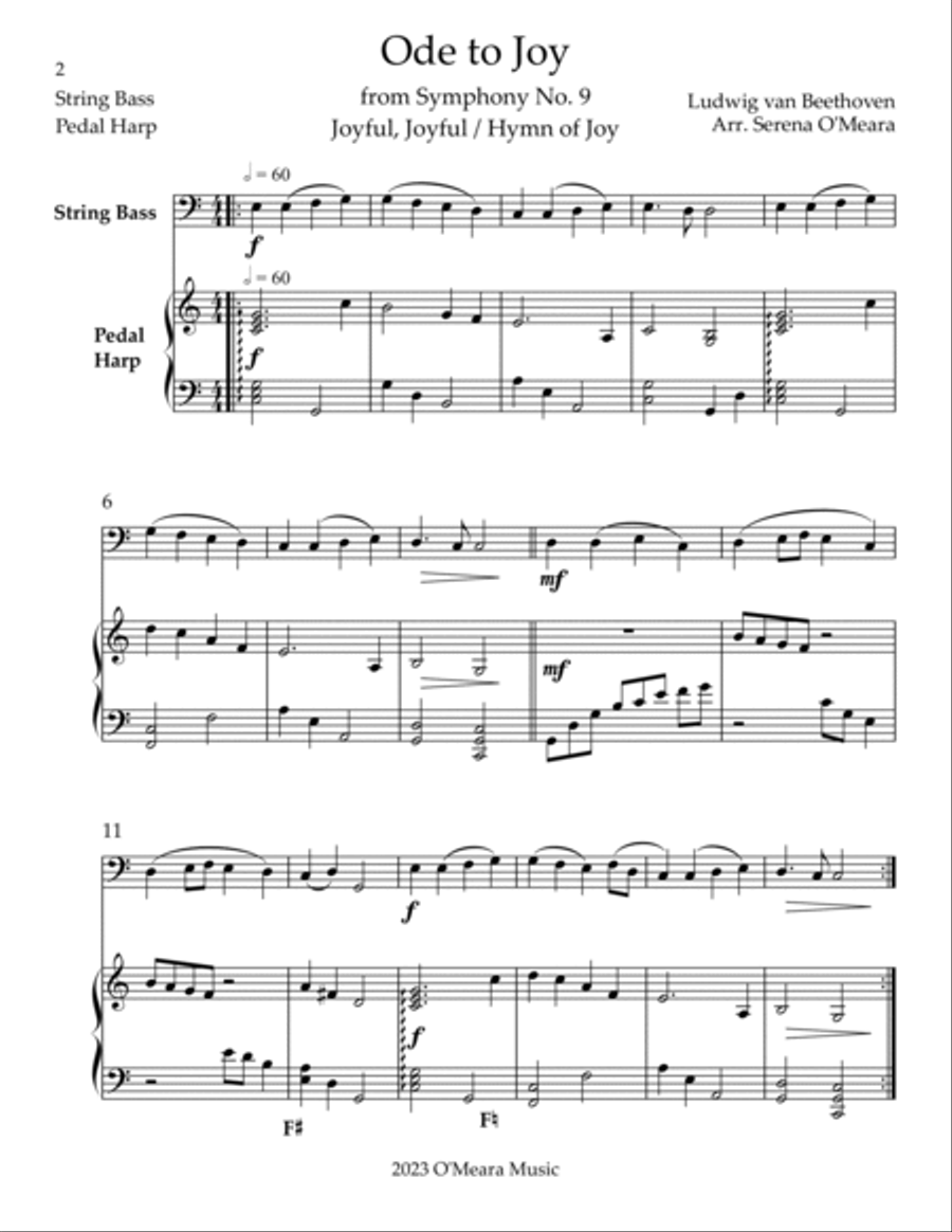 Ode to Joy, Duet for String Bass & Pedal Harp String Duet scores gallery preview page 2