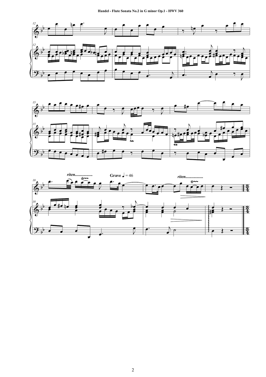 Handel - Flute Sonata No.2 in G minor Op.1 HWV 360 for Flute and Harpsichord or Piano Flute scores gallery preview page 2