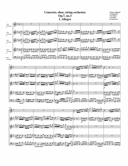 Concerto, Op.7, no.3 (arrangement for 5 recorders)