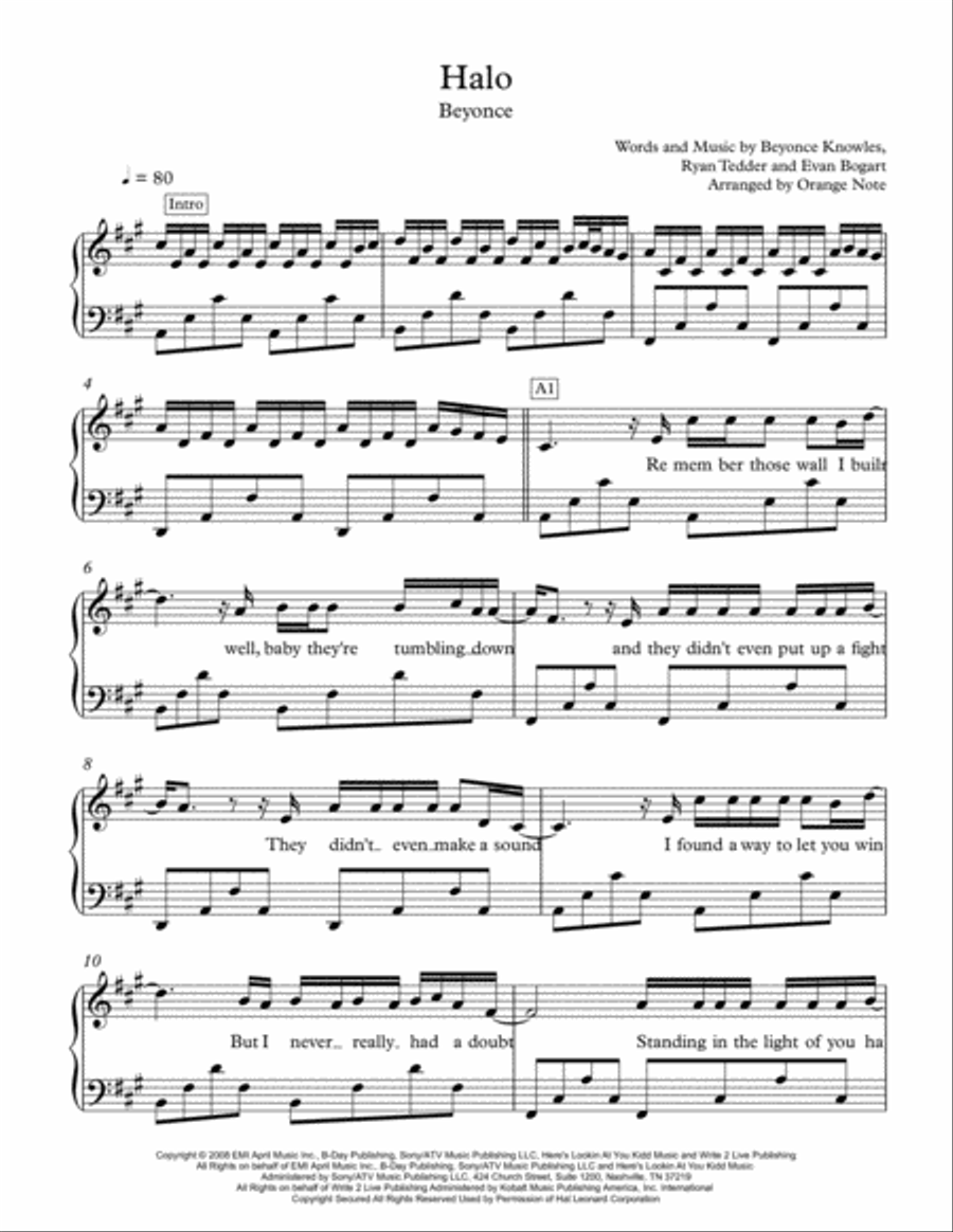 Halo Piano Solo scores gallery preview page 1