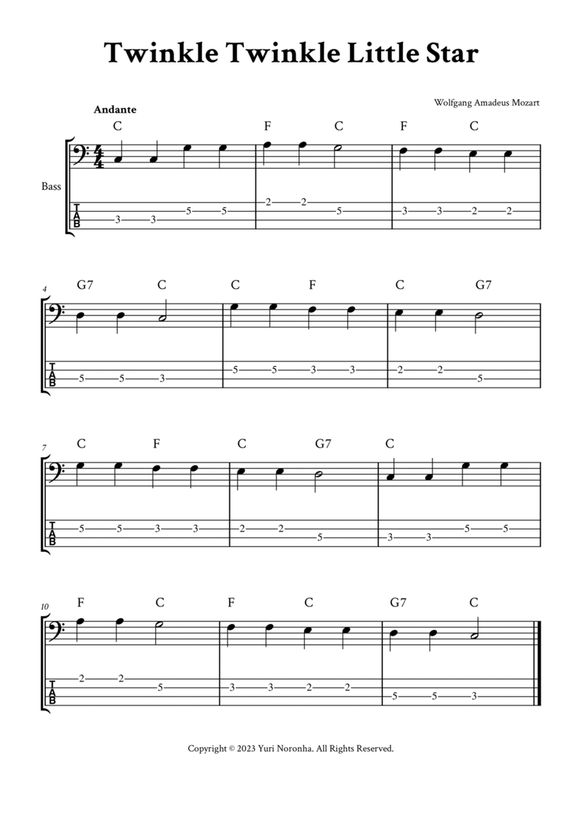 Twinkle Twinkle Little Star - For Bass (C Major with TAB) image number null