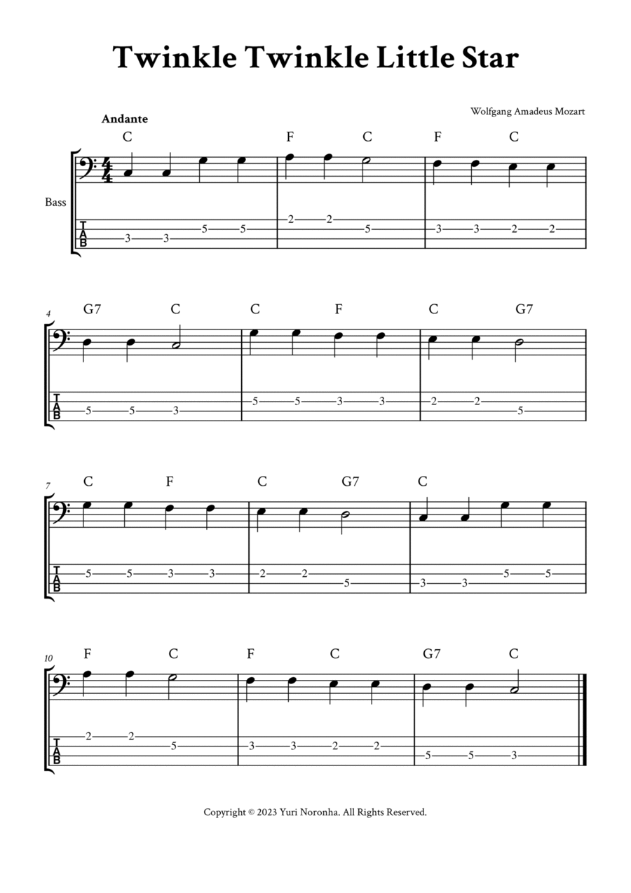 Twinkle Twinkle Little Star - For Bass (C Major with TAB) Bass Guitar scores gallery preview page 1