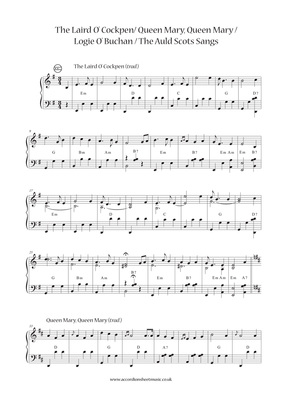 The Laird O' Cockpen / Queen Mary, Queen Mary / Logie O' Buchan / The Auld Scots Sangs Accordion scores gallery preview page 2