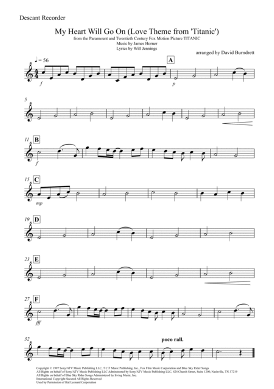 My Heart Will Go On (Love Theme from Titanic) Recorder scores gallery preview page 4