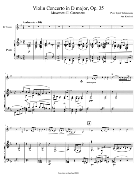 Tchaikovsky Violin Concerto Mvt 2 "Canzonetta" for Trumpet and Piano