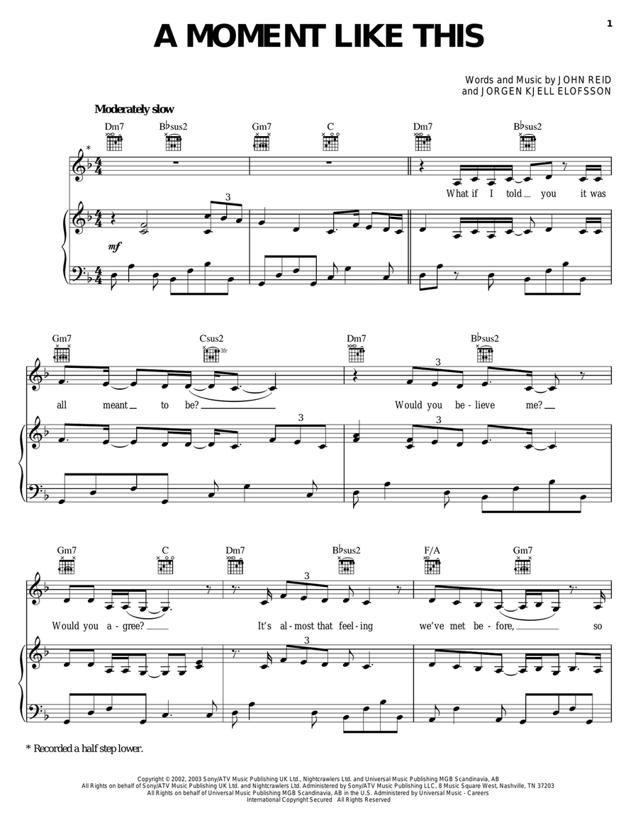 A Moment Like This Piano, Vocal, Guitar scores gallery preview page 1