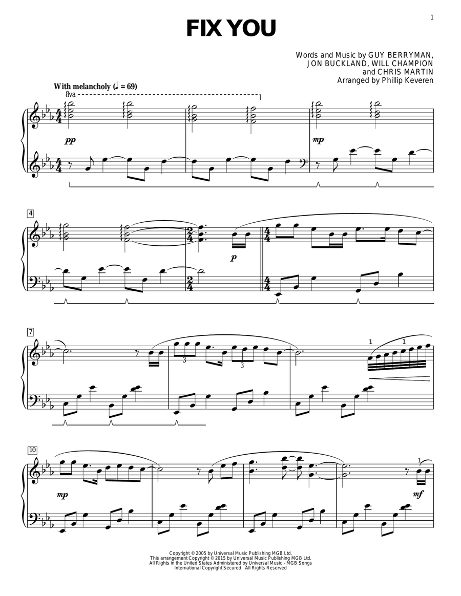Fix You [Classical version] (arr. Phillip Keveren) Piano Solo scores gallery preview page 1