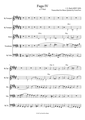 Fuga IV (from Well-Tempered Clavier Book 1, BWV 849) for Brass Quintet