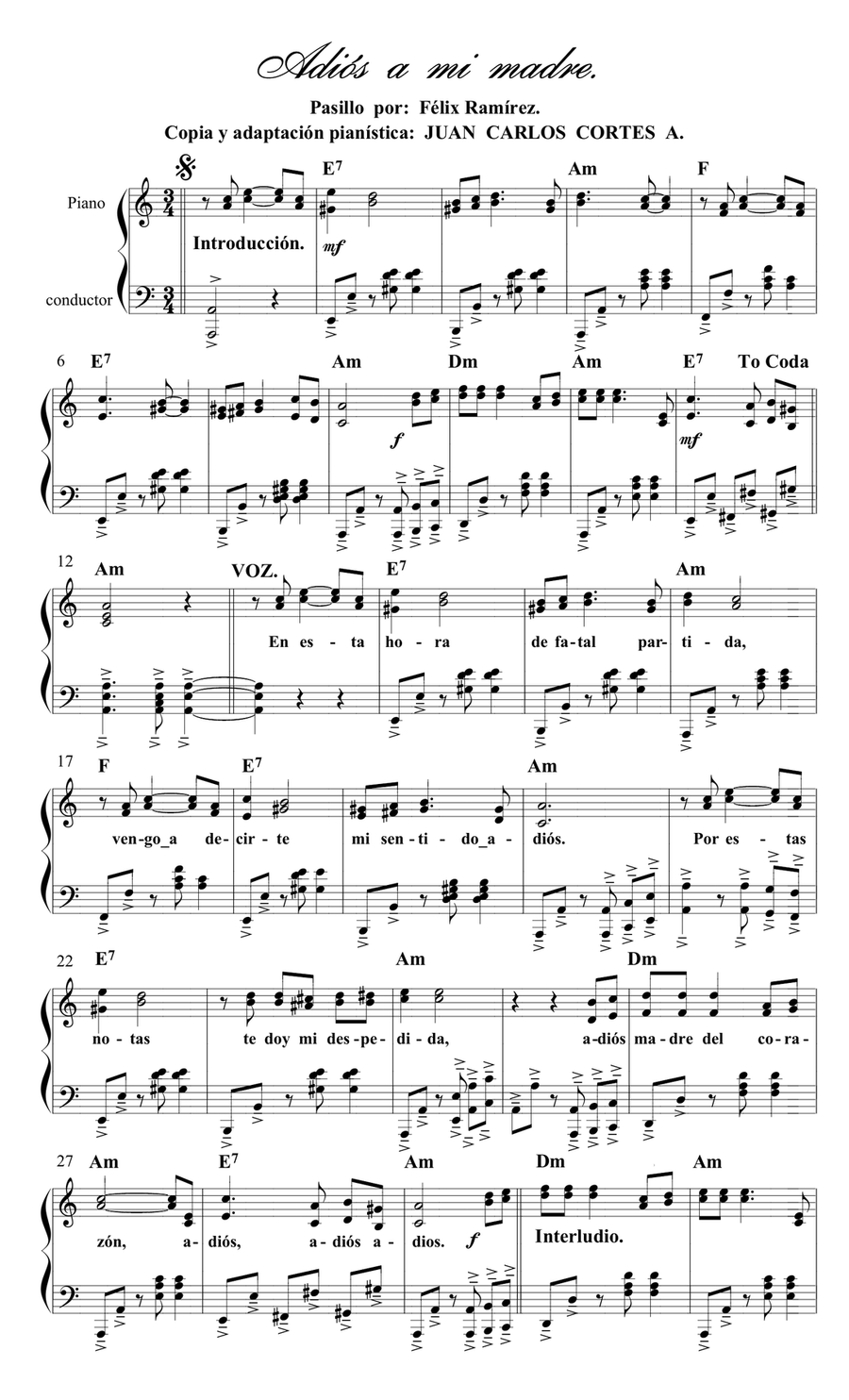 Adiós a mi madre. Pasillo por Félix Ramírez Piano Solo scores gallery preview page 1
