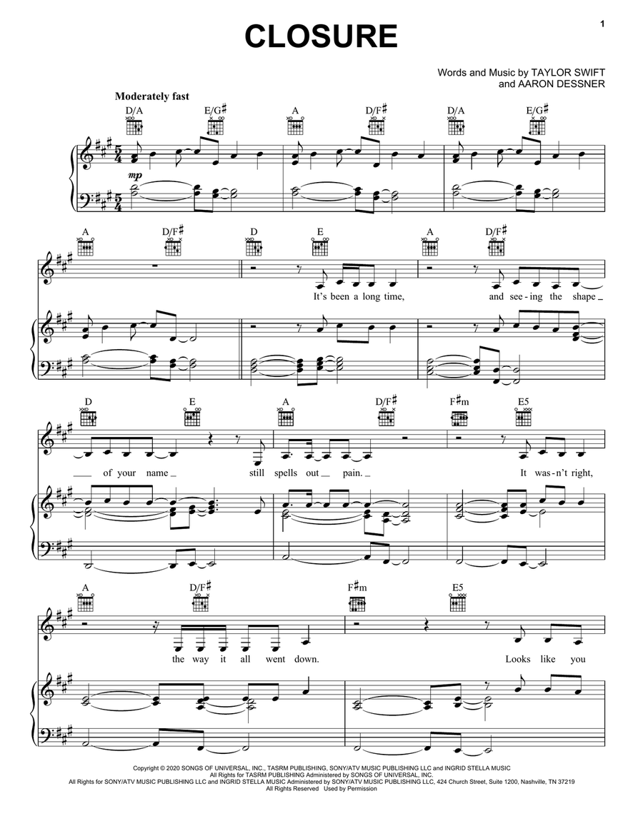 closure closure Piano, Vocal, Guitar scores gallery preview page 1
