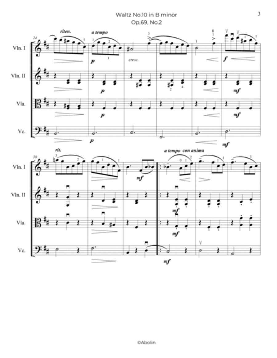Chopin: Waltz No.10, Op.69, No.2 - String Quartet String Quartet scores gallery preview page 4