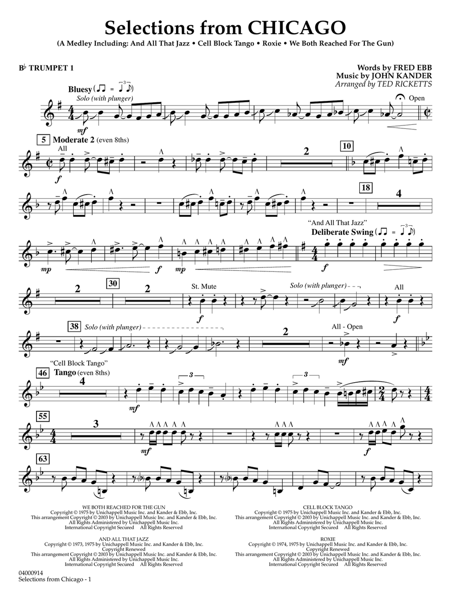 Selections from Chicago (arr. Ted Ricketts) - Bb Trumpet 1 Concert Band scores gallery preview page 1