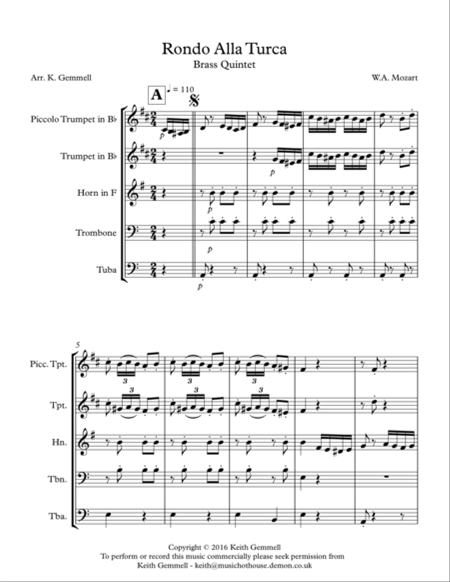 Rondo Alla Turca: Brass Quintet Brass Quintet scores gallery preview page 1