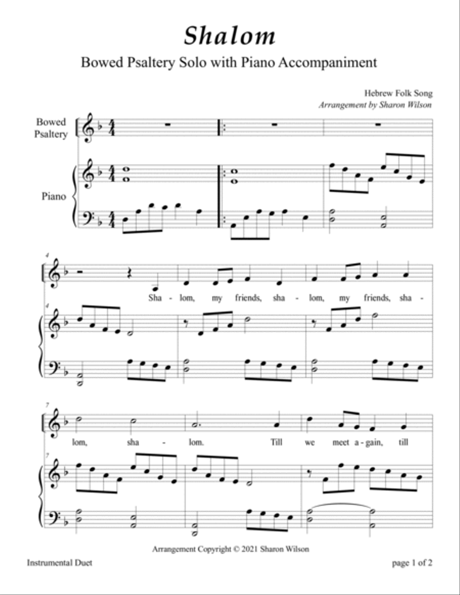 Shalom (Easy Bowed Psaltery Solo with Piano Accompaniment) Zither scores gallery preview page 3