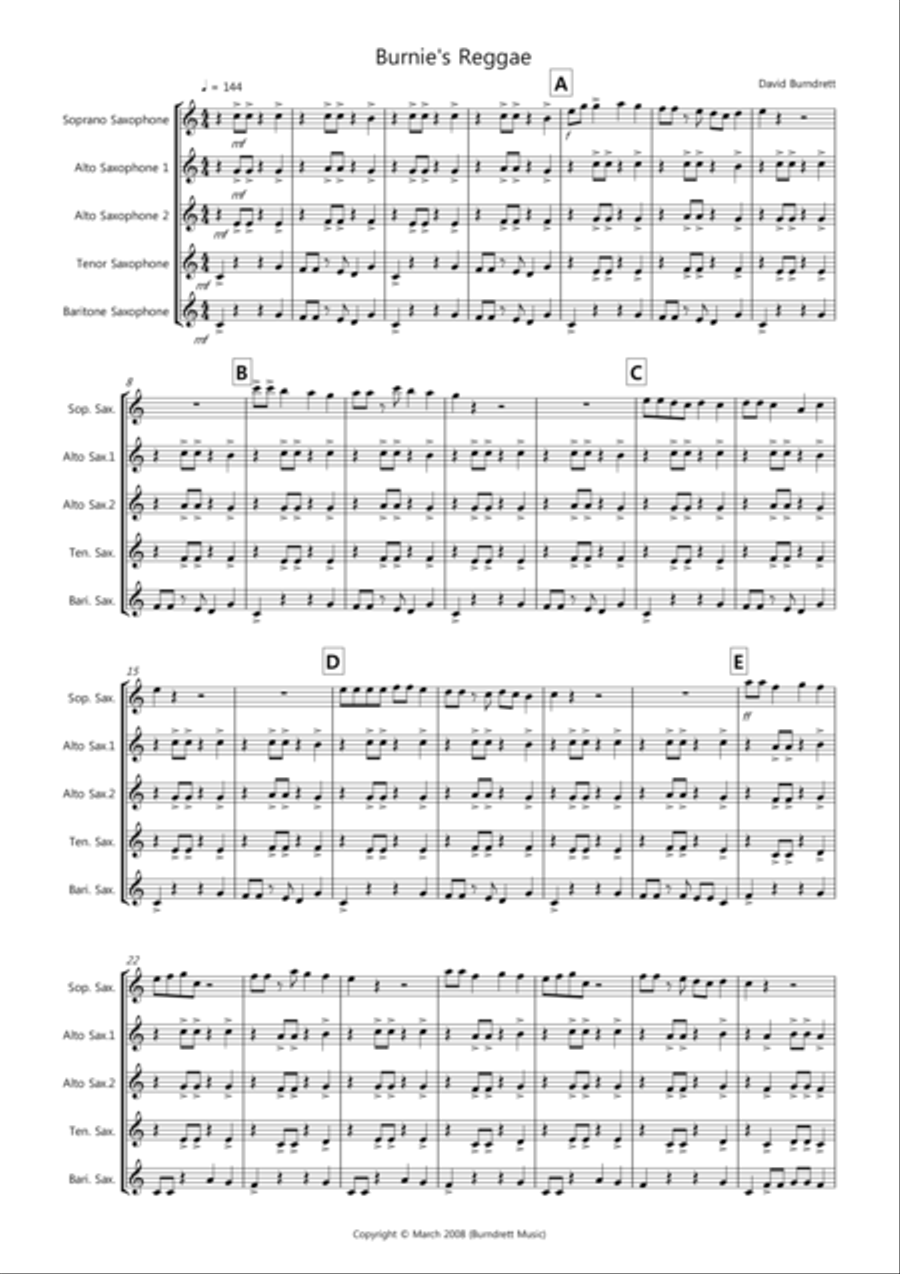 Burnie's Reggae for Saxophone Quintet Saxophone Quintet scores gallery preview page 1
