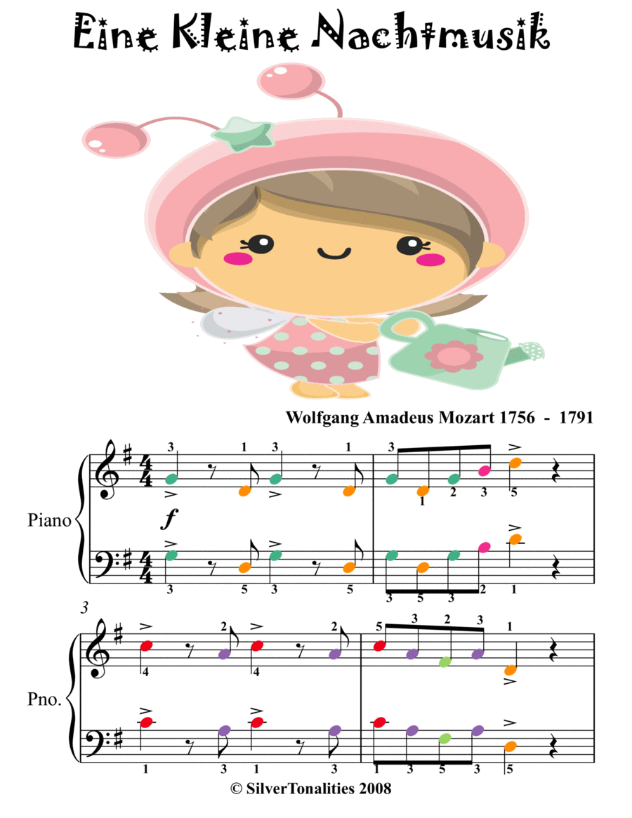 Eine Kleine Nachtmusik Easy Piano Sheet Music with Colored Notes Easy Piano scores gallery preview page 1