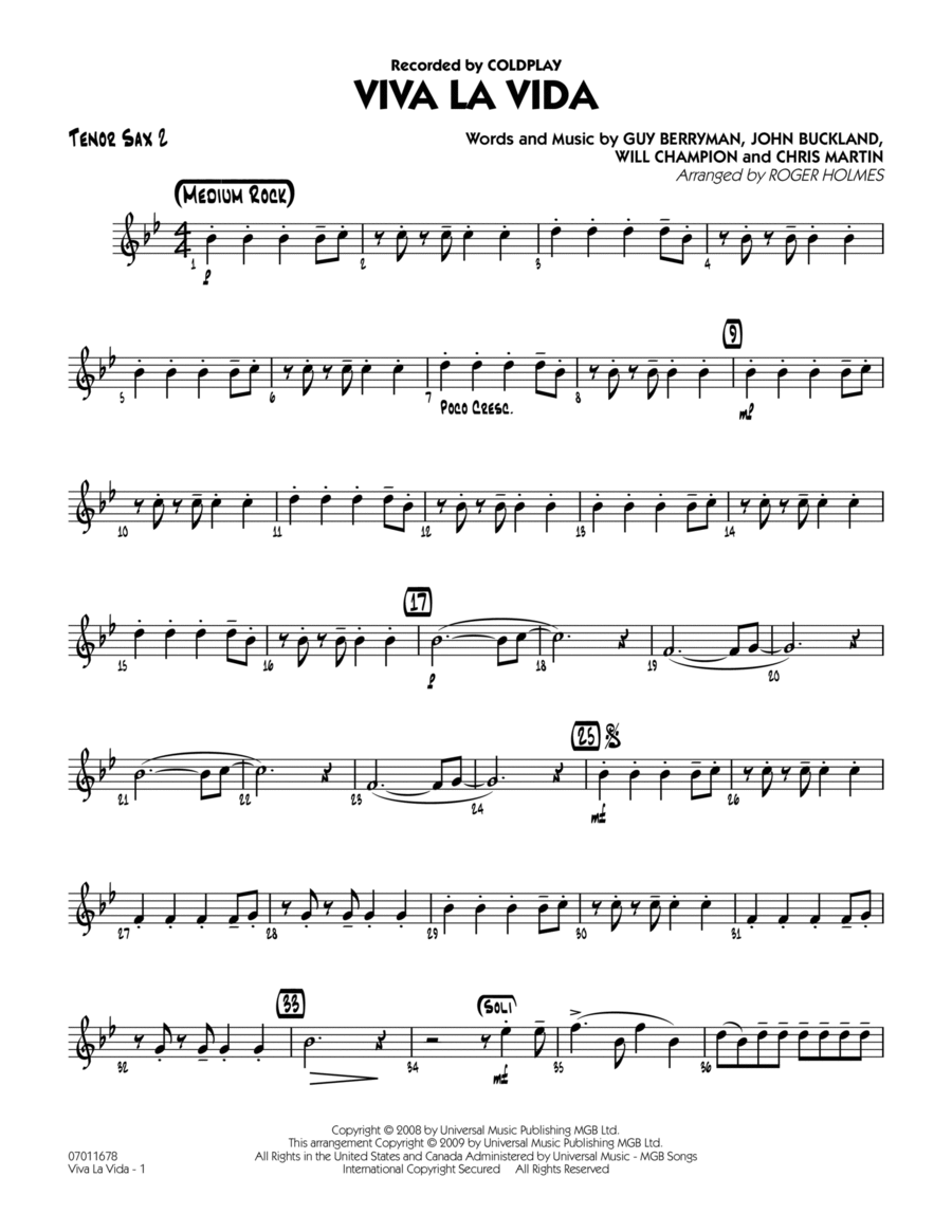 Viva La Vida - Tenor Sax 2 Tenor Saxophone scores gallery preview page 1