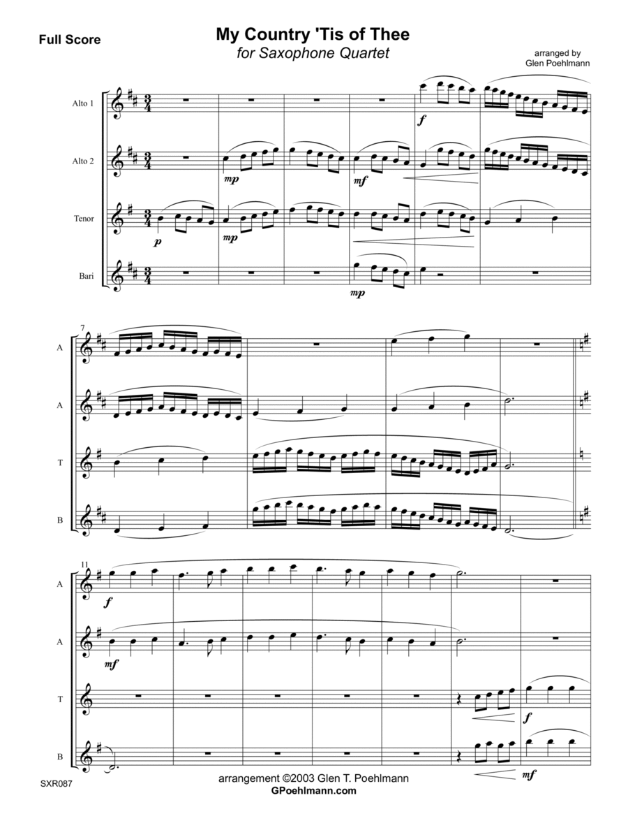 MY COUNTRY TIS OF THEE - AATB SAXOPHONE QUARTET (unaccompanied) Saxophone Quartet scores gallery preview page 1